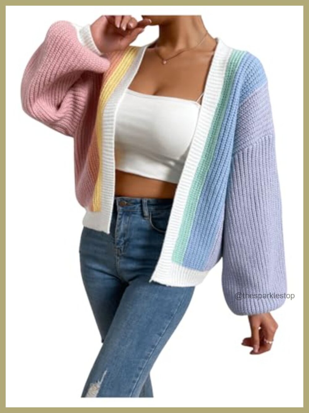 Women's Cropped Ribbed Knit Open Front Cardigan Long Lantern Sleeve